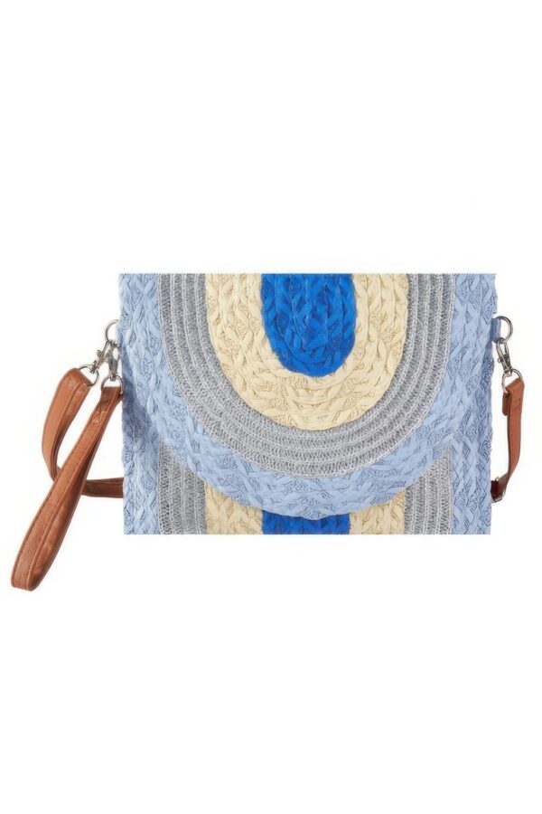 Metallic-Trim Multicolor Straw Clutch Crossbody Bag