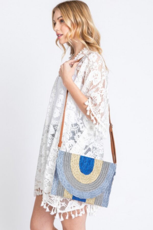 Metallic-Trim Multicolor Straw Clutch Crossbody Bag