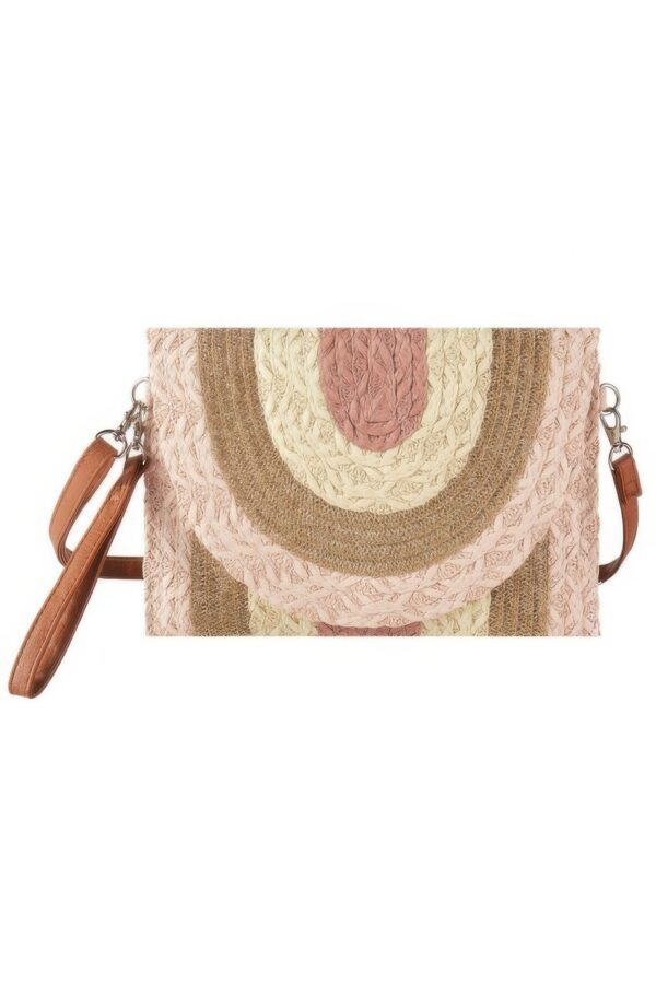 Metallic-Trim Multicolor Straw Clutch Crossbody Bag