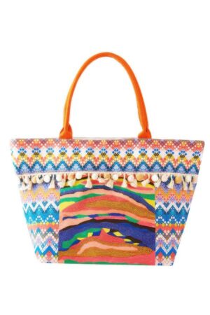 Boho Pom Pom Fringe Tote – Printed Beach Bag