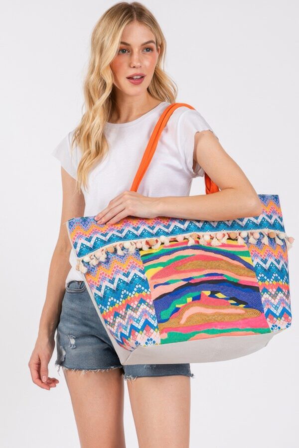 Boho Pom Pom Fringe Tote – Printed Beach Bag
