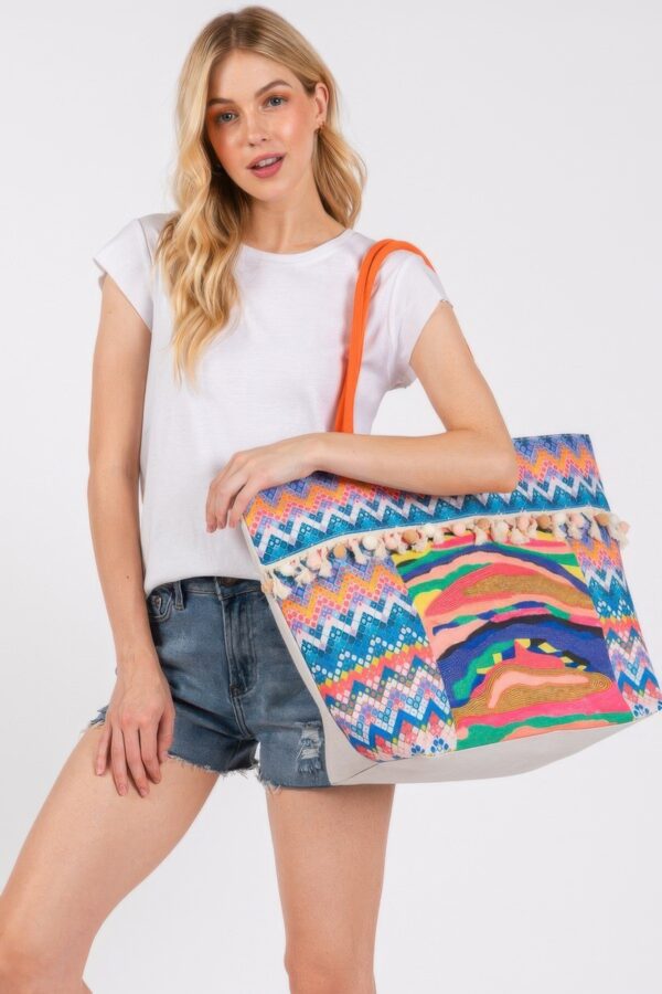 Boho Pom Pom Fringe Tote – Printed Beach Bag