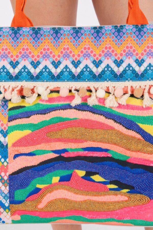 Boho Pom Pom Fringe Tote – Printed Beach Bag