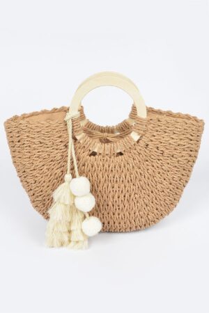 Woven Paper Tote Bag with Wooden Handles & Tassels