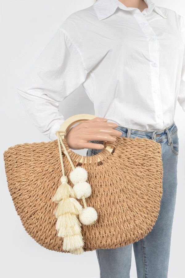 Woven Paper Tote Bag with Wooden Handles & Tassels