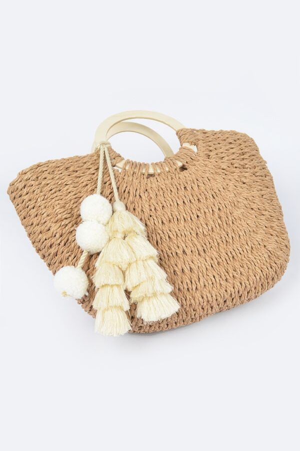 Woven Paper Tote Bag with Wooden Handles & Tassels