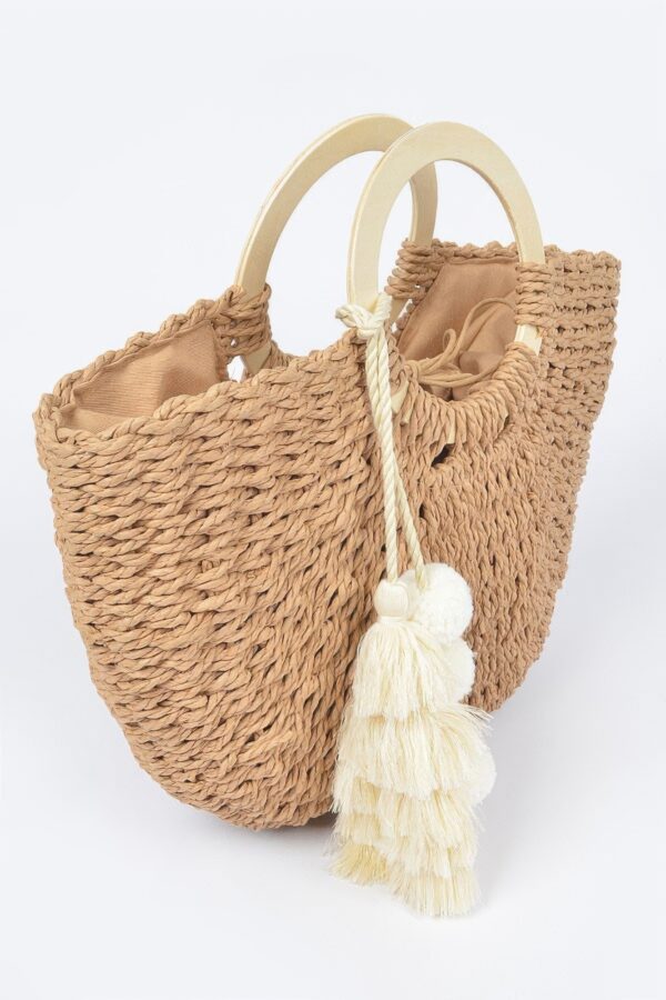 Woven Paper Tote Bag with Wooden Handles & Tassels