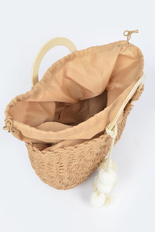 Woven Paper Tote Bag with Wooden Handles & Tassels