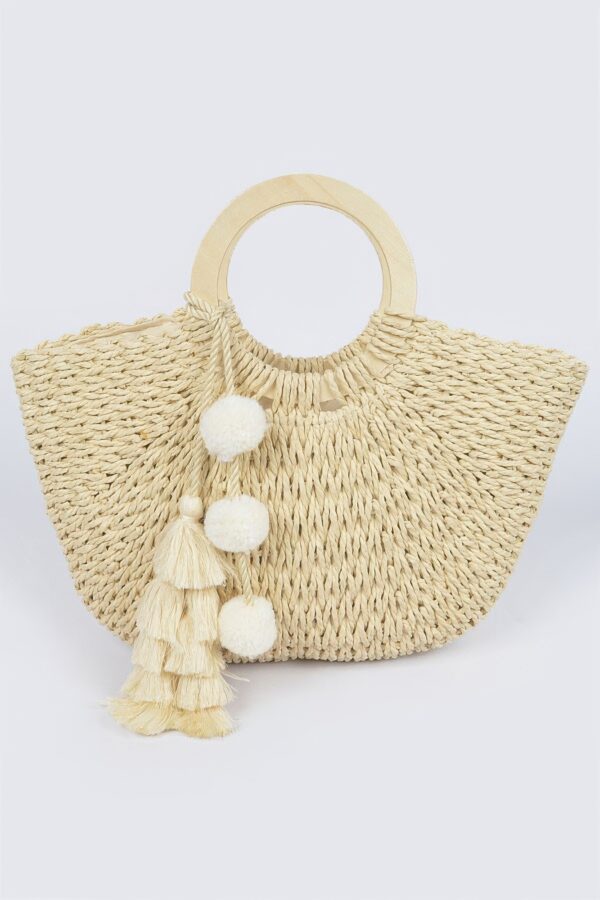 Woven Paper Tote Bag with Wooden Handles & Tassels
