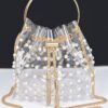 Clear Pearl-Stud Bucket Bag with Gold Chain Tassel