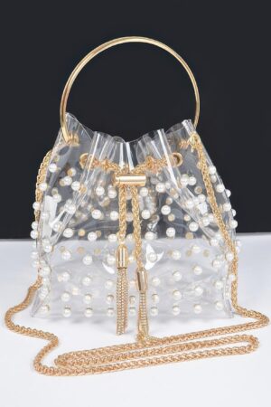 Clear Pearl-Stud Bucket Bag with Gold Chain Tassel