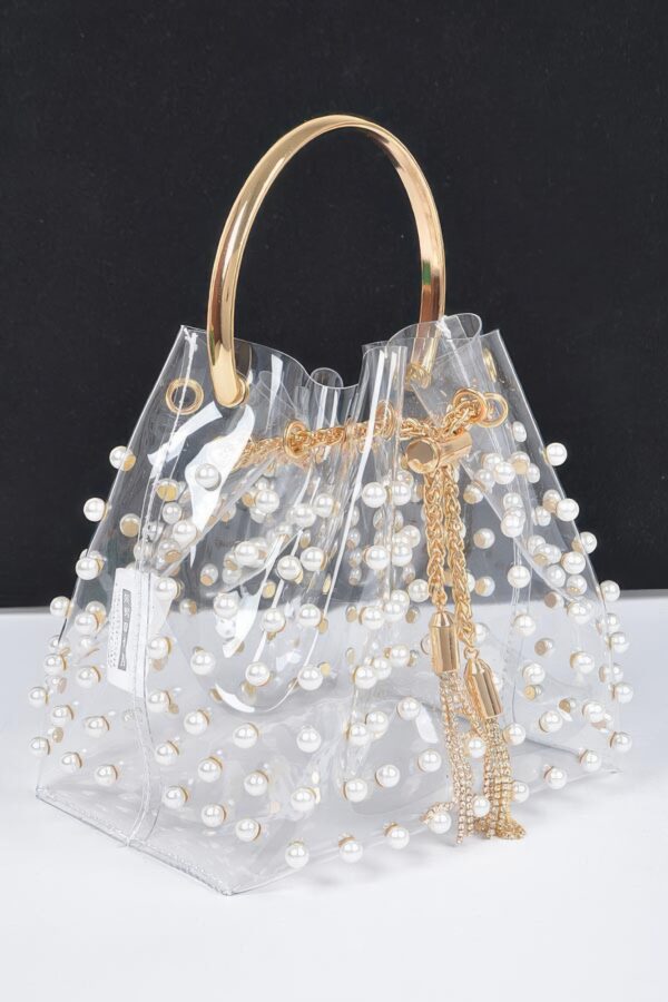Clear Pearl-Stud Bucket Bag with Gold Chain Tassel