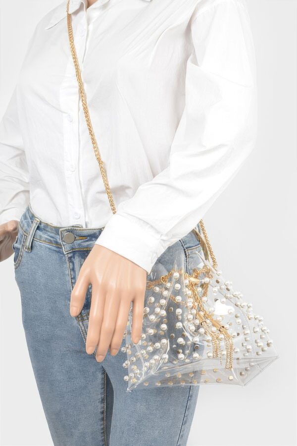 Clear Pearl-Stud Bucket Bag with Gold Chain Tassel
