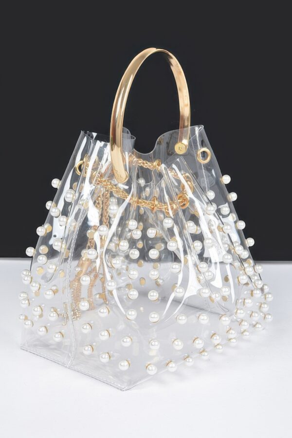 Clear Pearl-Stud Bucket Bag with Gold Chain Tassel