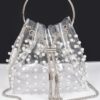 Clear Pearl-Stud Bucket Bag with Gold Chain Tassel