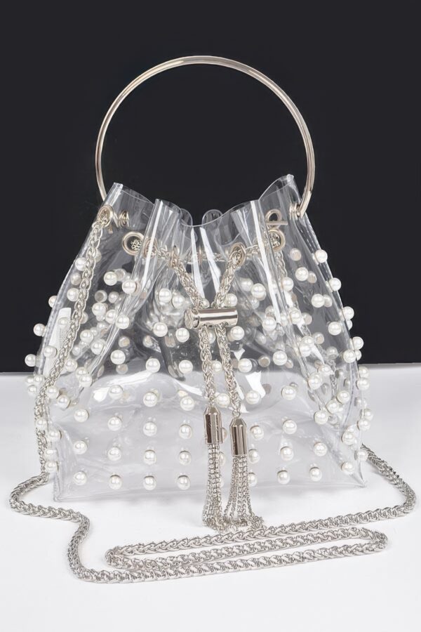 Clear Pearl-Stud Bucket Bag with Gold Chain Tassel