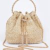 Faux Straw Bucket Bag with Stone Handle