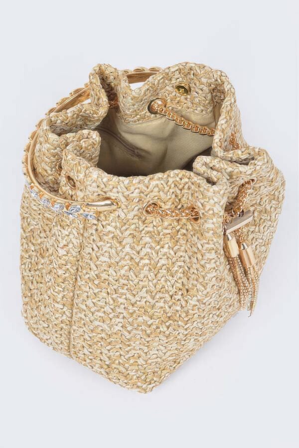 Faux Straw Bucket Bag with Stone Handle