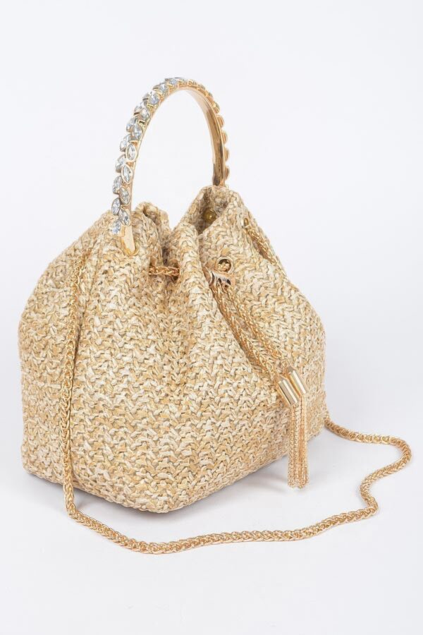 Faux Straw Bucket Bag with Stone Handle