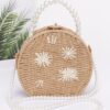 Pearl-Handle Faux Straw Clutch with Floral Embroidery