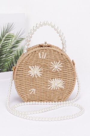 Pearl-Handle Faux Straw Clutch with Floral Embroidery