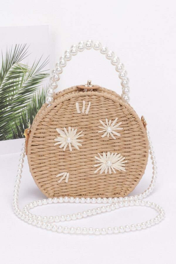Pearl-Handle Faux Straw Clutch with Floral Embroidery