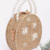 Pearl-Handle Faux Straw Clutch with Floral Embroidery