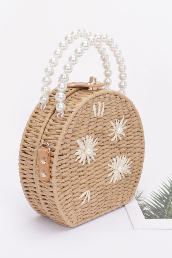 Pearl-Handle Faux Straw Clutch with Floral Embroidery