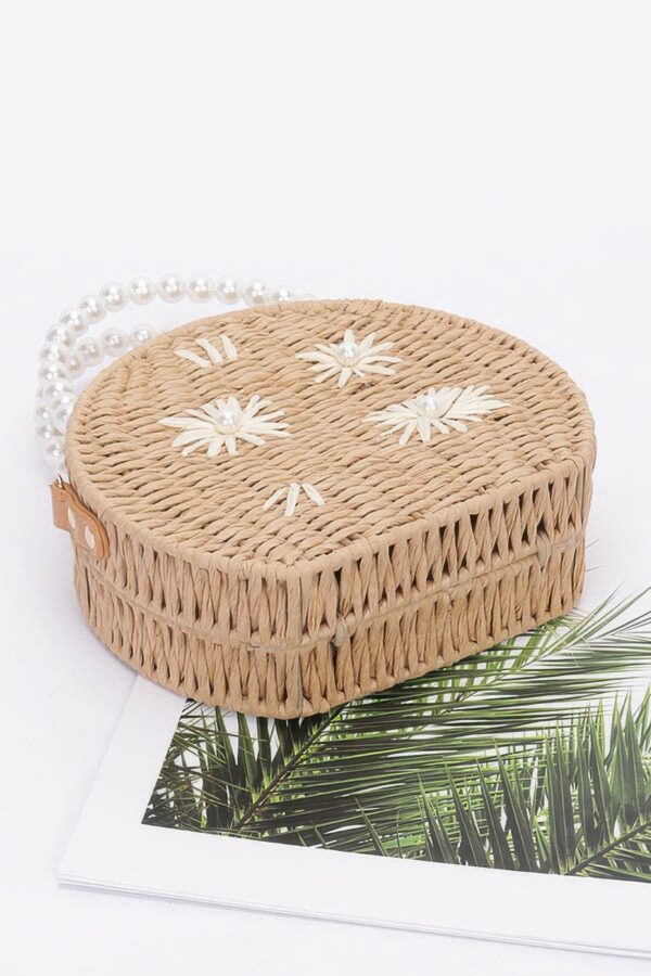 Pearl-Handle Faux Straw Clutch with Floral Embroidery