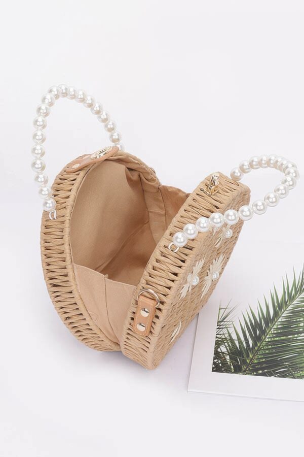 Pearl-Handle Faux Straw Clutch with Floral Embroidery