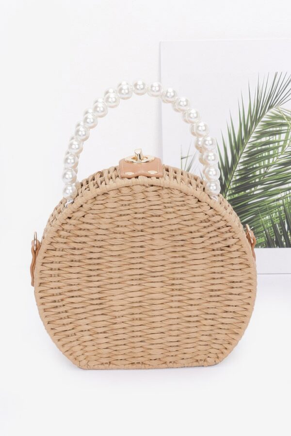 Pearl-Handle Faux Straw Clutch with Floral Embroidery