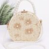 Pearl-Handle Faux Straw Clutch with Floral Embroidery