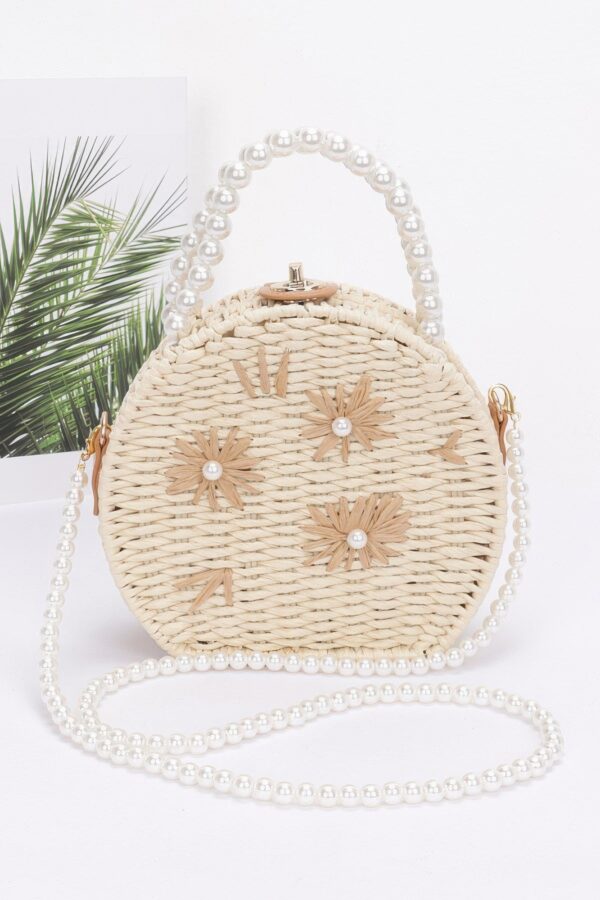Pearl-Handle Faux Straw Clutch with Floral Embroidery