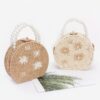 Pearl-Handle Faux Straw Clutch with Floral Embroidery