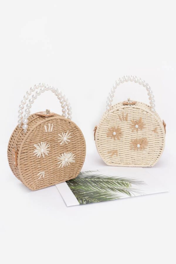 Pearl-Handle Faux Straw Clutch with Floral Embroidery