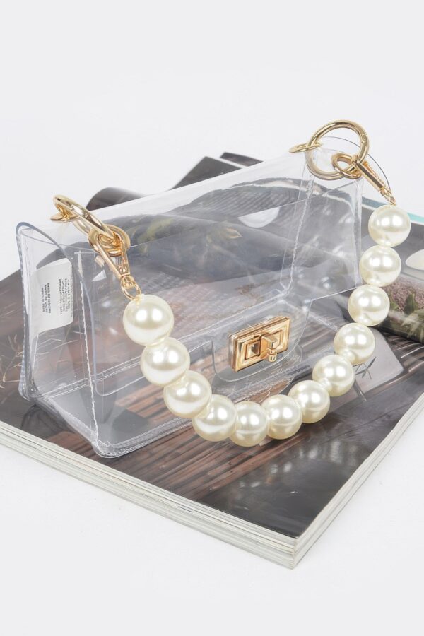 Pearl-Accent Transparent Crossbody with Clear Chain