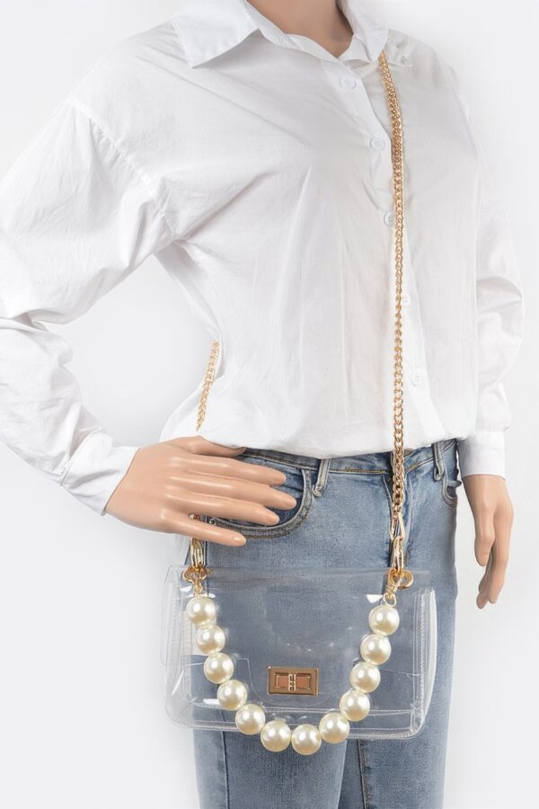 Pearl-Accent Transparent Crossbody with Clear Chain