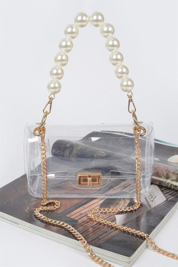 Pearl-Accent Transparent Crossbody with Clear Chain