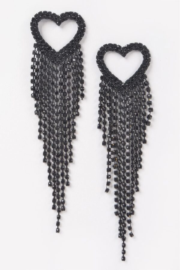 Rhinestone Heart Fringe Earrings – Cascading Chain Detail