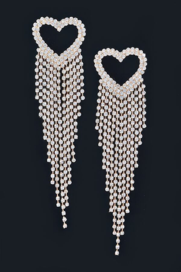 Rhinestone Heart Fringe Earrings – Cascading Chain Detail