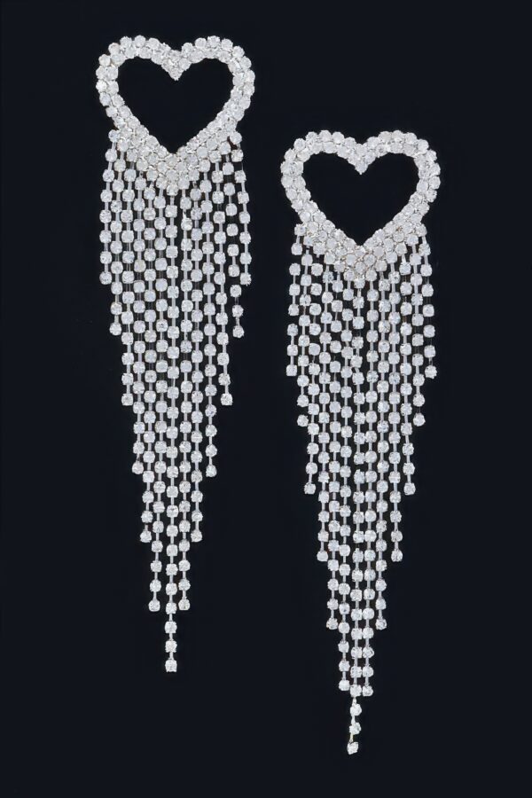 Rhinestone Heart Fringe Earrings – Cascading Chain Detail