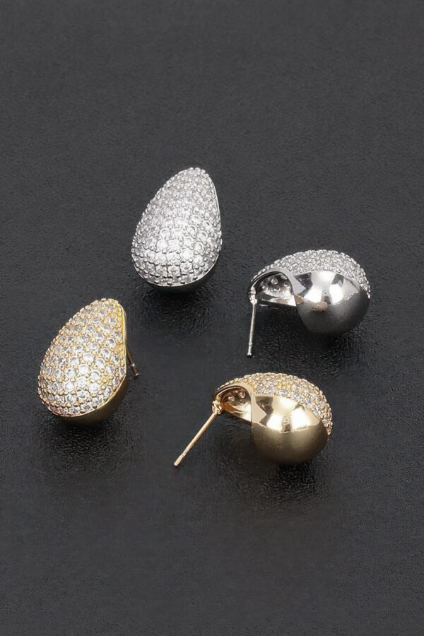 Rhinestone Teardrop Metal Earrings – Polished Finish