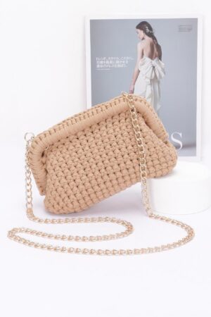 Braided Cotton-Texture Clutch with Chain Accent