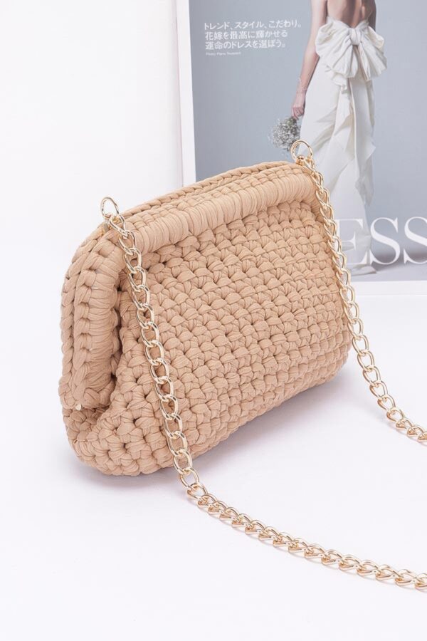 Braided Cotton-Texture Clutch with Chain Accent