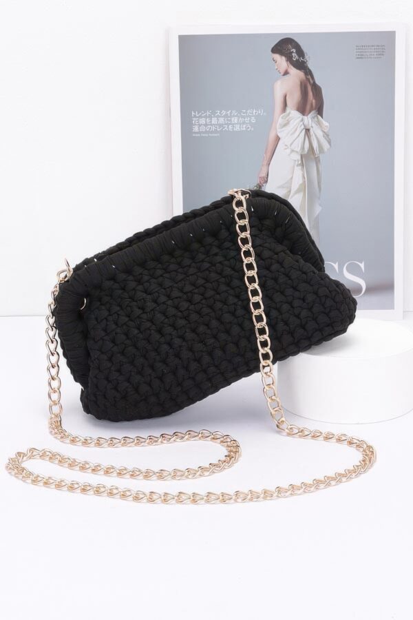 Braided Cotton-Texture Clutch with Chain Accent