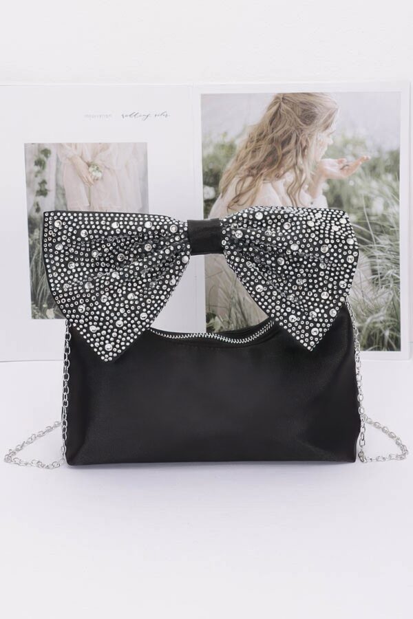 Rhinestone Bow Handle Nylon Clutch – Satin Finish