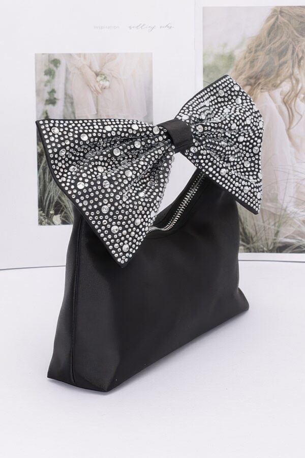 Rhinestone Bow Handle Nylon Clutch – Satin Finish