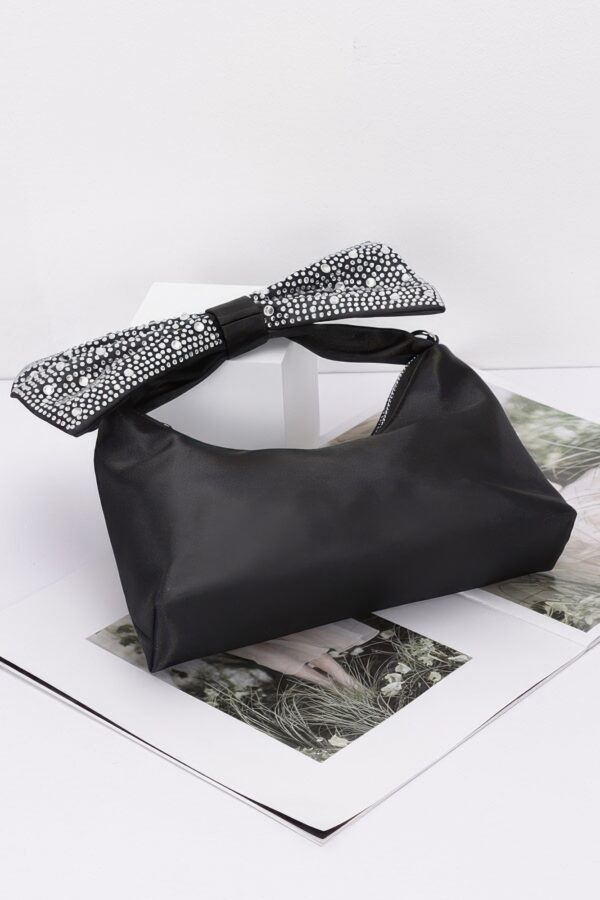 Rhinestone Bow Handle Nylon Clutch – Satin Finish
