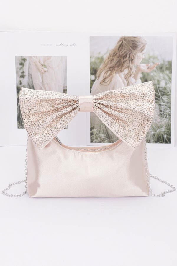 Rhinestone Bow Handle Nylon Clutch – Satin Finish
