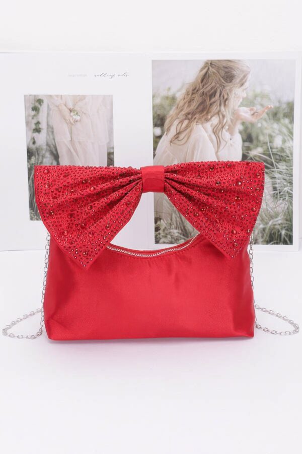 Rhinestone Bow Handle Nylon Clutch – Satin Finish